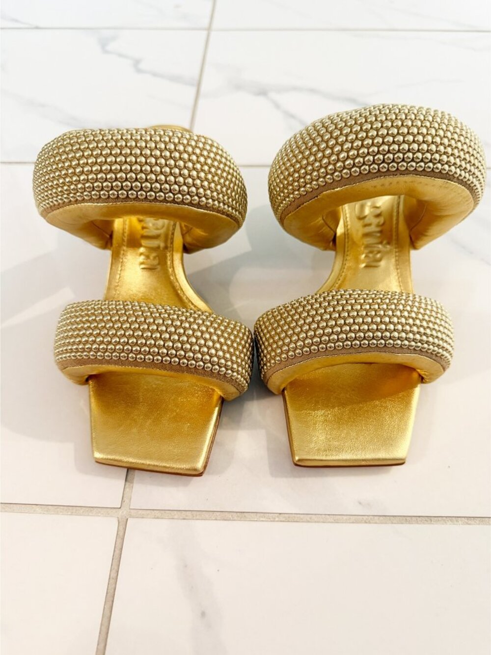 CULT GAIA Rue Studded Metallic Padded Leather Mules In Gold - Picture 2 of 6